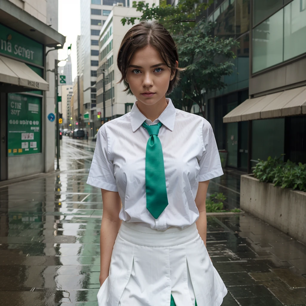 1 girl, by rubio, short hair, Blue eyes, White shirt, green tie, green skirt, City, rain, detailed background