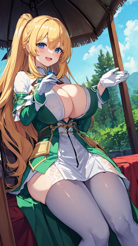 8k, RAW photo, best quality, masterpiece:1.2, 1girl,solo, curvy, blonde hair, blue eyes, blush, smile, :D,huge breasts, cleavage, breasts out, open clothes, nsfw, long hair, looking at viewer, white pantyhose, green and white dress, white gloves, vert_/neptune series/:1.1,