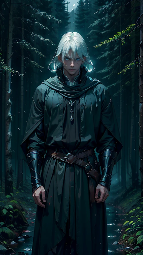 (Best Quality,ultra detailed), artificial raindrops falling, a man standing in the rain, white hair, blue eyes, detailed face(fail),dense forest landscape,majestic and serene nature, shining brightly in the night sky,black medieval outfit with fluorescent red stripes that glow in the moonlight, gentle style