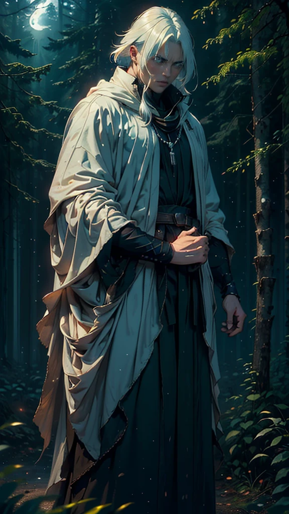 (Best Quality,ultra detailed), artificial raindrops falling, a man standing in the rain, white hair, blue eyes, detailed face(fail),dense forest landscape,majestic and serene nature, shining brightly in the night sky,black medieval outfit with fluorescent red stripes that glow in the moonlight, gentle style