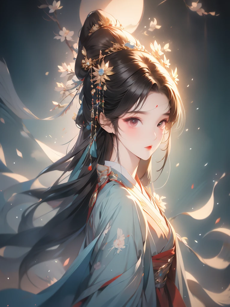 20 years old,chinese girl,hanfu,front view,delicate face,detailed face,character protraitbest quality,smileys,ultra-detial,photography,hairglow,cinematic lighting --niji5-s250-ar3:4