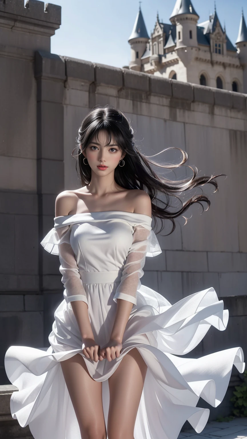 ((Girl standing in front of the wall of an old castle))、Fluorescent color、1 girl、Looking to the side、Beautiful face、Beautiful eyes、(Off the shoulder:1.2)、Upper Body、Shiny Hair、Glowing Skin、 Reduce glare、The proportions of the fingers have been adjusted、Escrow、ass pov、Dynamic Angle、(((Master part)))、(((highest quality)))、(((Super-detailed))) detailed)、(An illustration)、(Detailed light)、(Very delicate and beautiful)、Dramatic_Shadow、Ray_Tracking、reflection、 Ultra-high resolution、((A girl with colorful hair and mesh in her black hair))、 Her hair flutters in the wind、(Large deep blue eyes)、Black Haired Woman、 Sparkling Butterfly、Black-haired woman、Points of light around the woman、Magical Aura、Green dot、Aura About Natural、超Magical AuraBlack-haired woman,((White off-the-shoulder semi-transparent white dress:1.3))、(No sleeve)、((My skirt is flying up in the wind)),((An old European castle is hazy in the distance)),((White panties are visible)),