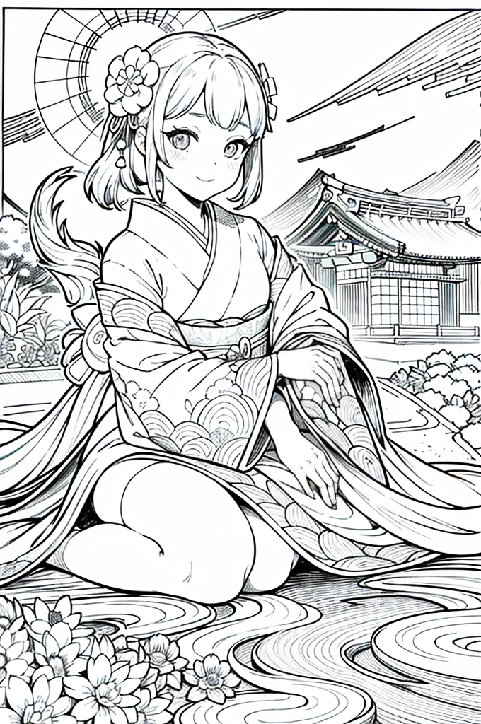 Obra maestra, superlativo, solamente, Dragon cute, flower line drawing background, fondo blanco, monocromo, line drawing, ((bosquejo)), spooky, white eyes, Please create a simple monochrome coloring book that even a can do, depicting a realistic and cute ukiyo-e illustration of a girl in a kimono, in various poses, with a Japanese garden in the background, that conveys Japanese culture. with a cunning and malevolent smirk