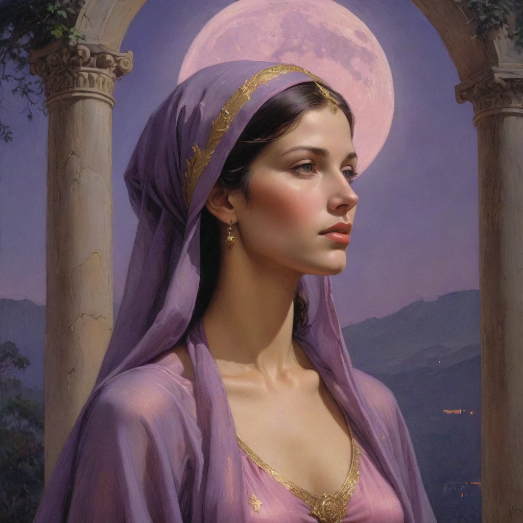 Masterpiece, (realistic), (propaganda poster), ((Moebius Jean Giraud)), (((haughty upright profile portrait of a veiled Roman woman, young, priestess, sensual, imposing, dignified, proud, arrogant, wearing silk, purple and pink robes with detailed crescent moon, star elements))), ((Corinthian columns, jungle, dusk background, moths))