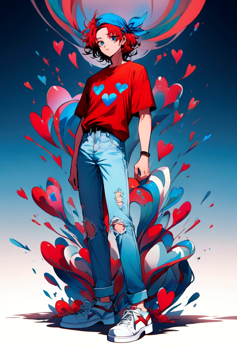 A young man with short, messy hair, with a rebellious touch, 90s style. He wears a red t-shirt with a pixelated heart icon in the center, light blue jeans a bit ripped at the knees, white sneakers with red details, and a blue bandana tied around his right arm. The predominant colors are red, blue, and white, creating a vibrant and nostalgic look.