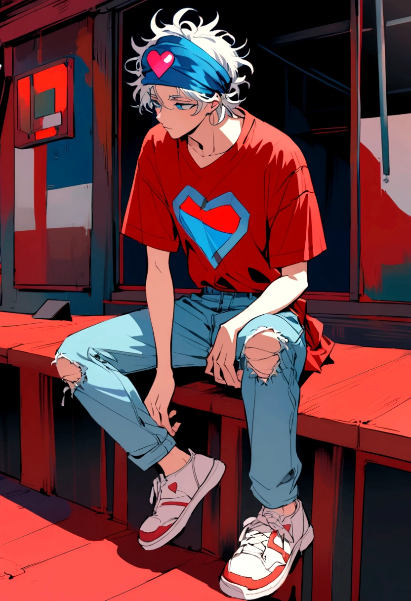 A young man with short, messy hair, with a rebellious touch, 90s style. He wears a red t-shirt with a pixelated heart icon in the center, light blue jeans a bit ripped at the knees, white sneakers with red details, and a blue bandana tied around his right arm. The predominant colors are red, blue, and white, creating a vibrant and nostalgic look.