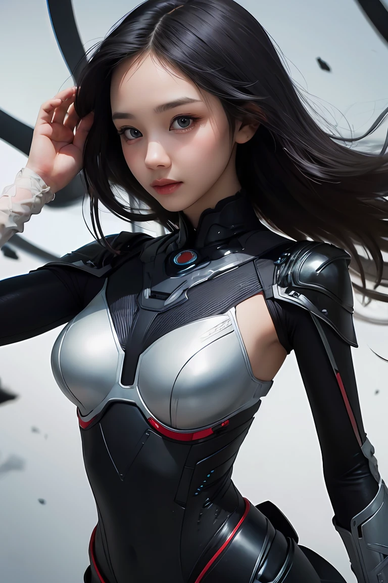 ((masterpiece, best quality)), ultra detailed 8k, photorealistic, sharp focus, highly detailed, professional lighting , shadowmancer, photo of a woman, ink particle, ((swirling black ink floating around)), futuristic fantasy, futuristic black dress, dynamic pose, realistic, masterpiece, intricate details, detailed background, depth of field, 