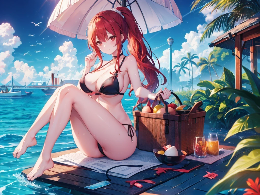 Parasol, food, basket, flip flops, vinyl sheet, Beaches and sands, Calm expression, Perfect hands, elder, Red Hair, The dignity of a 50-year-old, 落ち着きのあるwoman, solo、(Highly detailed background:1.0)、(Highly detailed background:1.0)、masterpiece、Highest quality、(Babes)、Fractal Art、Red eyes、Narrow eyes、Sexy black and red swimsuit, Reddish cheeks、Tropical Sea、From the shoulders up、Recall、smile、One Woman、Three-dimensional clouds、Venice beach, Red long ponytail, Red eyes,スタイリッシュなアクセサリーsolo, Big Breasts, woman, Take-out, Provocative laughter,40 year old woman,Queen of Sadism, Highly detailed background, Great writing style, Sit with both hands outstretched, Splash, Diffuse reflection of light, Perfect Human Medicine, Water breathing, Bare Skin, barefoot, Sweat,