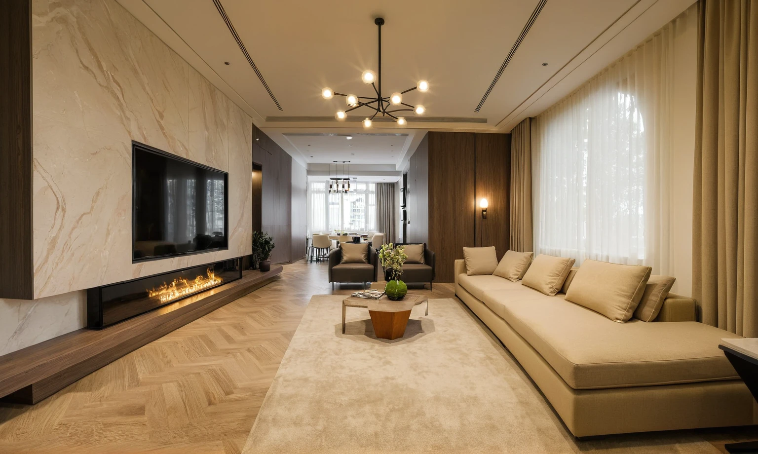 Masterpiece, HD, interior design, TV wall behind the TV, TV wall,French cream style, living room space, sofa, coffee table, green plants, floor-to-ceiling windows, curtains