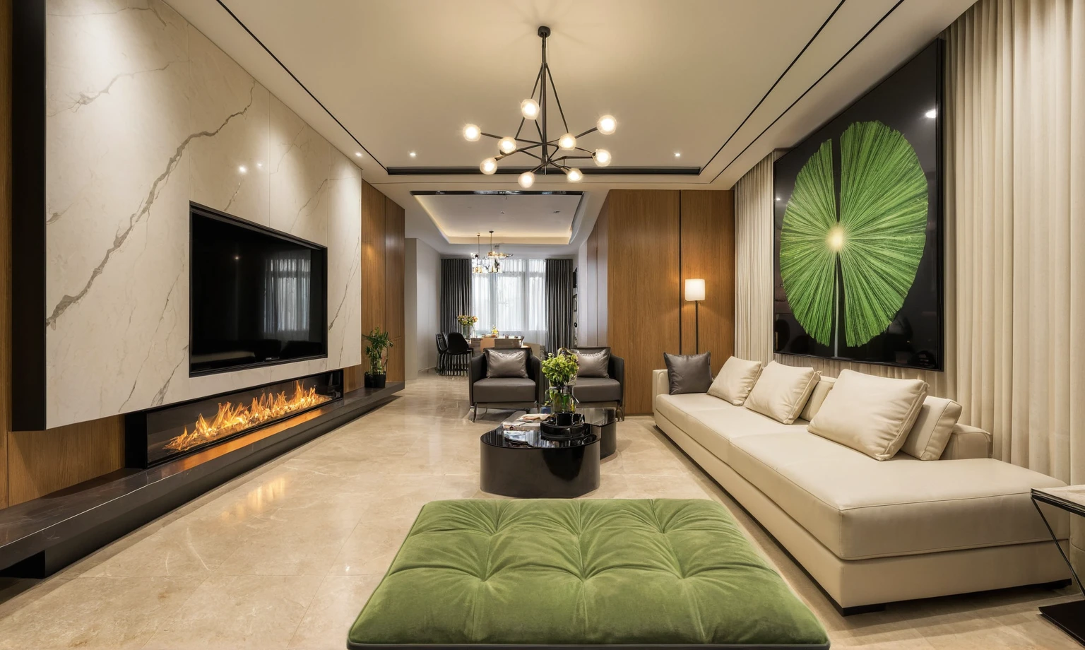 Masterpiece, HD, interior design, TV wall behind the TV, TV wall,French cream style, living room space, sofa, coffee table, green plants, floor-to-ceiling windows, curtains