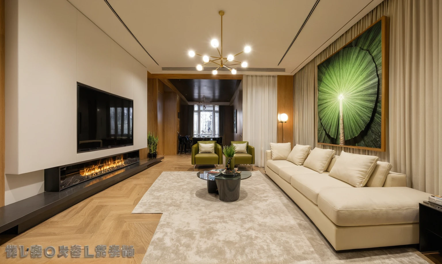 Masterpiece, HD, interior design, TV wall behind the TV, TV wall,French cream style, living room space, sofa, coffee table, green plants, floor-to-ceiling windows, curtains
