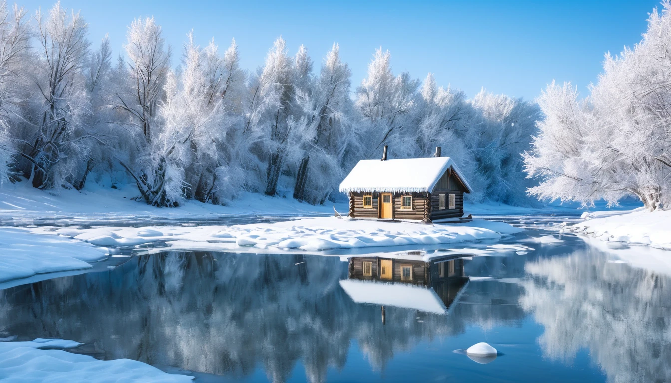 a small snow-covered cabin in a snowy landscape, frozen river, reflections on the water, minimalist, 4k, highly detailed, photorealistic, dramatic lighting, natural scenery, serene, peaceful, winter, snow, ice, calm, tranquil, pristine, solitude, remote, atmospheric