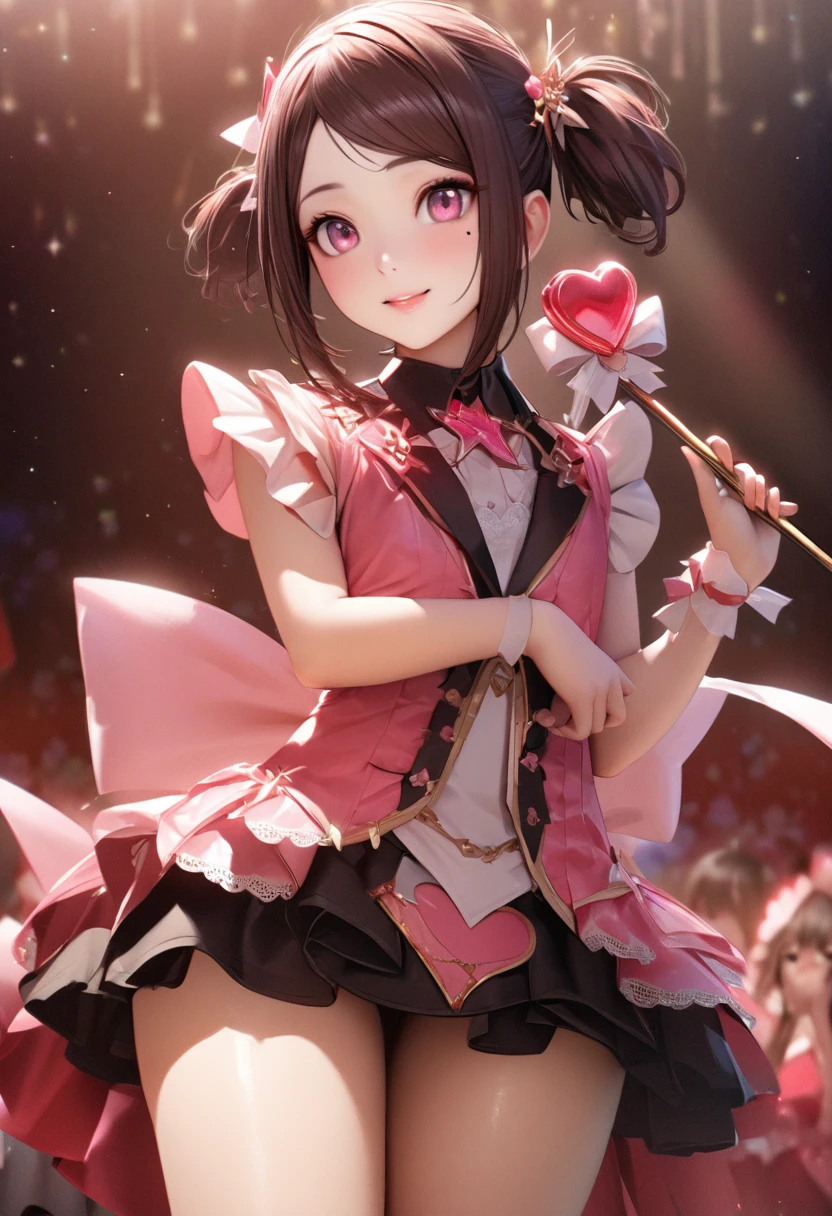 One Girl、Looking at the audience、
Beautiful Pink Eyes、short twintail   hair、,Mole under the eye、Plump and glossy lips、Heart-shaped choca、Idol、she is name Riko,smile、ー、。.。.。.。.。.。.。.。.。.。.。.。.。.。.。.。.。.。.3D、Realistic、
idol costume、short skirt,Drape clothes、gem、The decoration has been removed、Floral、Lace trim,On the glittering stage、
masterpiece、highest quality、8k、Detailed skin texture、Detailed cloth texture、Beautifully detailed face、Intricate details、Very detailed、
超A high resolution、8K Ultra HD、Film Grain、Best Shadow、delicate、Staring at the audience、front