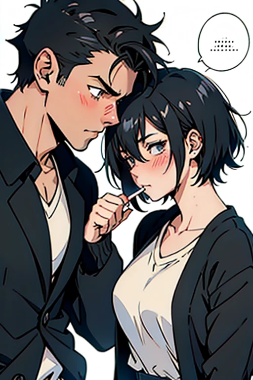  Guy with short black hair smoking, a sick girl with short white hair blushing at him, manga page with panels and dialogue    