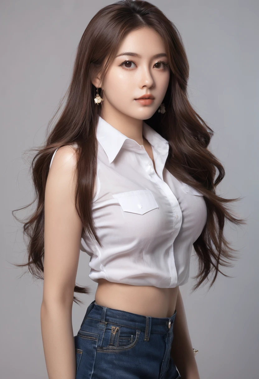 portrait of the pretty girl, 22 year old ,big breasts,sleeveless collared shirt ,from side,on art studio,upper body,very long  hair,brown hair ,looking at viewer,xxmixgirl