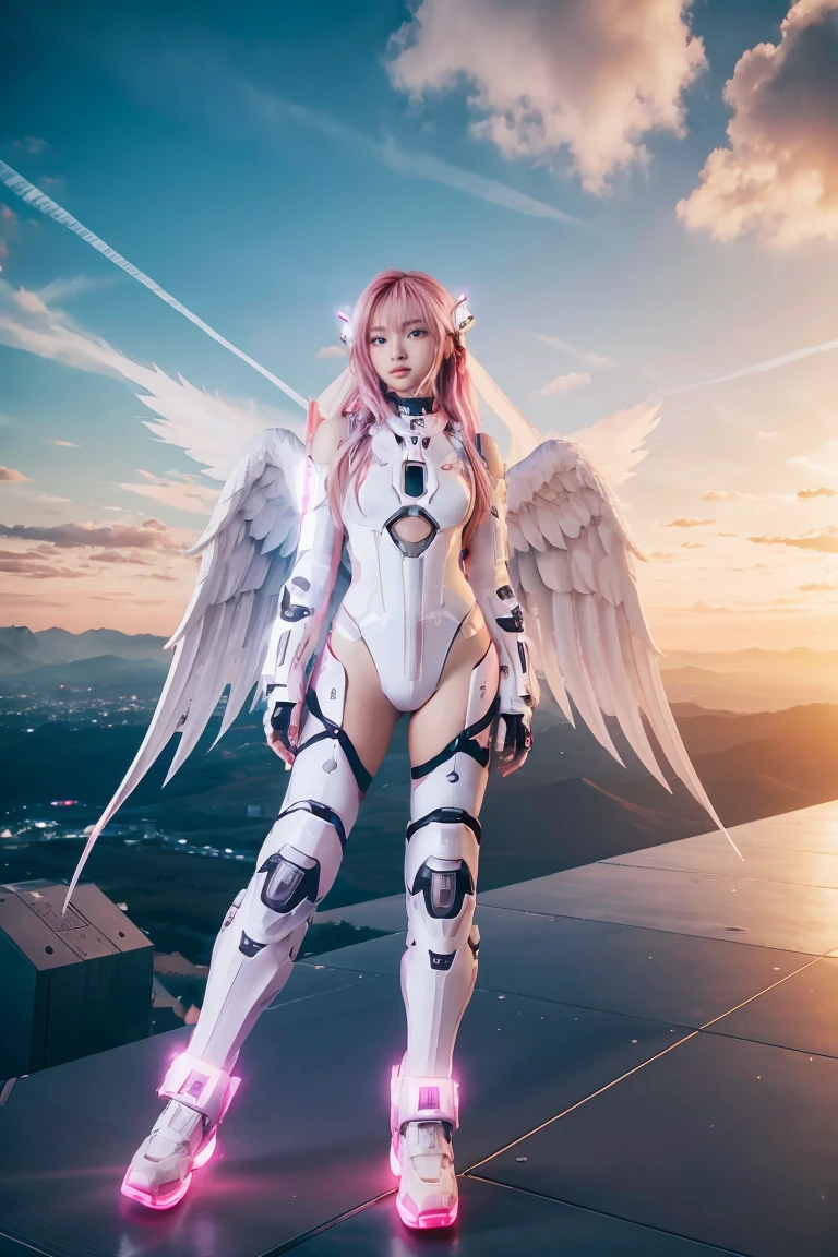 ((masterpiece, best quality, extremely detailed), volumetric lighting, ambient occlusion, colorful, glowing), 
1girl, solo, young girl, (pink hair), long hair, halo, aura, sacred, godness, cyber suit, (white outfit:1.3), android, bot, angel wings,
outdoors, sunset, sky, clouds, space, (cyberpunk theme:1.2),