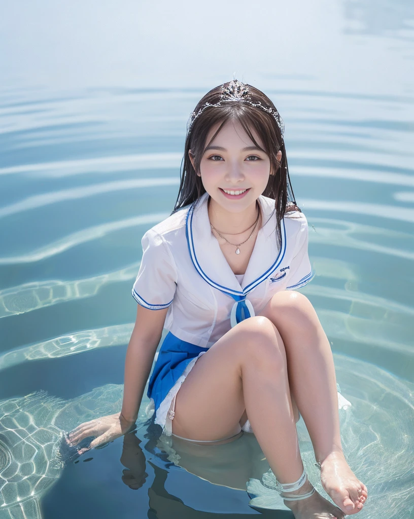 (NFSW)、(High resolution:1.5)、Highest quality,Very detailed,masterpiece,Super detailed,alone,(1 15 year old girl),((Summer School Uniforms:1.5)), Seraphim, ((skirt:1.5)), smile, Thigh fetish images: 1.5、(((barefoot)))、(Her thighs and white bikini reflected in the clear blue water)、(reflected in water:1.5)、((I can see the white string panties:1.5))、Cleavage、((Blue, clear, transparent seawater))、Summer sun、はしゃいだsmile、Beautiful Eyes、(pull-out-lift-panties)、Big necklace and tiara