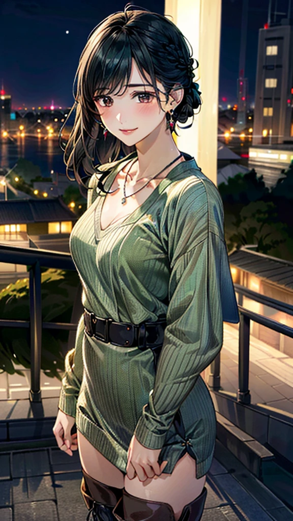 (masterpiece:1.3, Highest quality, Ultra-high resolution:1.2, Super detailed、8K), (Realistic, photoRealistic:1.4), Beautiful illustrations, Perfect lighting, colorful, Depth of written boundary, Beautiful detailed hair, Beautifully detailed face, Beautiful fine details, Droopy eyes、Beautiful clavicle, Beautiful body, 美しいLarge Breasts, Beautiful thighs, Beautiful feet, Beautiful fingers, View Viewer、Front view:0.6, Beauty1人, Japanese, Beauty、30 years old, Perfect Face, (Perfect Anatomy, Anatomically correct), Cute and symmetrical face, Baby Face, , Shiny skin, (with thin belt、Dark green long sleeve knit A-line dress:1.4) 、(short boots:1.3)、(Black Hair, Updo Hair:1.4), braided bangs、Dark brown eyes, Large Breasts, Slim body, necklace, Small earrings:1.1, (Beautiful views), (night), (city, cityscape in the distance), Riverside、 A soft smile、(Smile, Lips parted),