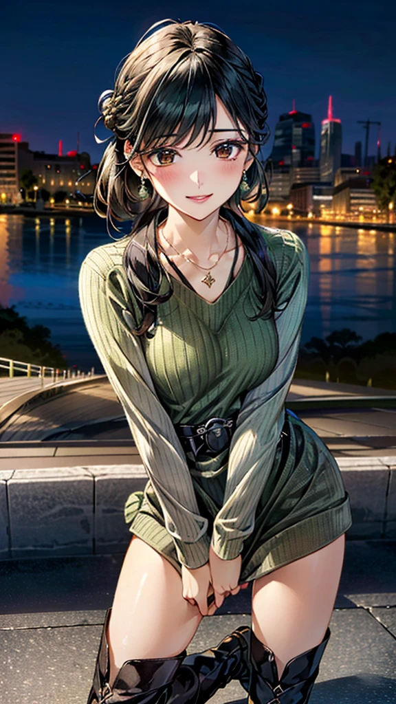 (masterpiece:1.3, Highest quality, Ultra-high resolution:1.2, Super detailed、8K), (Realistic, photoRealistic:1.4), Beautiful illustrations, Perfect lighting, colorful, Depth of written boundary, Beautiful detailed hair, Beautifully detailed face, Beautiful fine details, Droopy eyes、Beautiful clavicle, Beautiful body, 美しいLarge Breasts, Beautiful thighs, Beautiful feet, Beautiful fingers, View Viewer、Front view:0.6, Beauty1人, Japanese, Beauty、30 years old, Perfect Face, (Perfect Anatomy, Anatomically correct), Cute and symmetrical face, Baby Face, , Shiny skin, (with thin belt、Dark green long sleeve knit A-line dress:1.4) 、(short boots:1.3)、(Black Hair, Updo Hair:1.4), braided bangs、Dark brown eyes, Large Breasts, Slim body, necklace, Small earrings:1.1, (Beautiful views), (night), (city, cityscape in the distance), Riverside、 A soft smile、(Smile, Lips parted),
