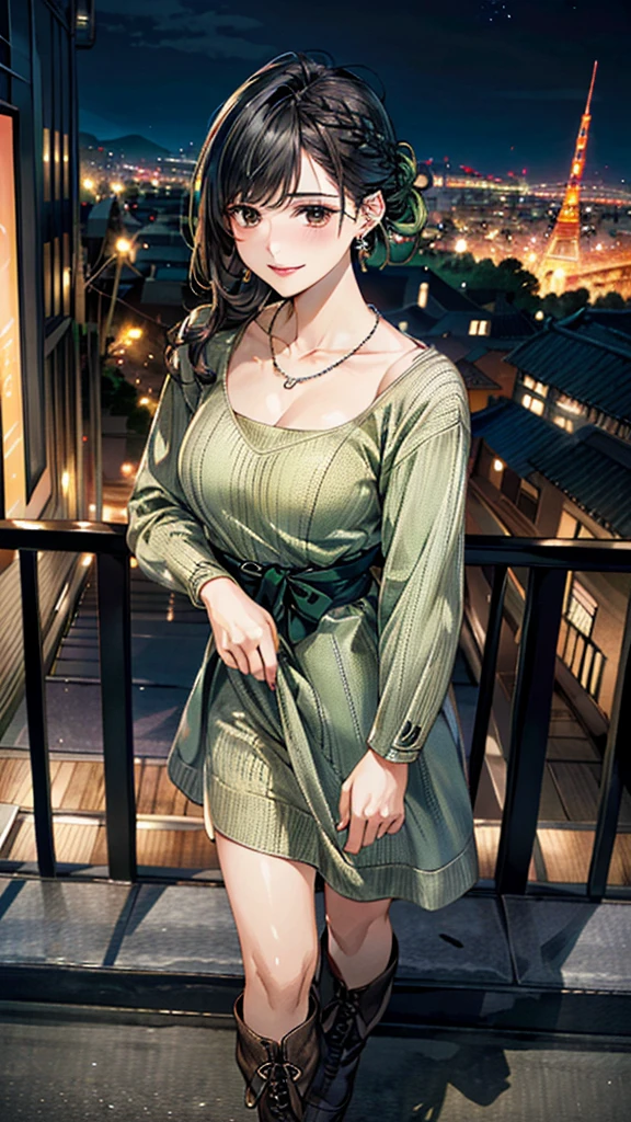 (masterpiece:1.3, Highest quality, Ultra-high resolution：1.2, Super detailed、8K), (Realistic, photoRealistic:1.4), Beautiful illustrations, Perfect lighting, colorful, Depth of written boundary, Beautiful detailed hair, Beautifully detailed face, Beautiful fine details, Droopy eyes、Beautiful clavicle, Beautiful body, 美しいLarge Breasts, Beautiful thighs, Beautiful feet, Beautiful fingers, View Viewer、Front view:0.6, Beauty1人, Japanese, Beauty、30 years old, Perfect Face, (Perfect Anatomy, Anatomically correct), Cute and symmetrical face, Baby Face, , Shiny skin, (with thin belt、Dark green long sleeve knit A-line dress:1.4) 、(short boots:1.3)、(Black Hair, Updo Hair:1.4), braided bangs、Dark brown eyes, Large Breasts, Slim body, necklace, Small earrings:1.1, (Beautiful views), (night), (city, cityscape in the distance), Riverside、 A soft smile、(Smile, Lips parted),