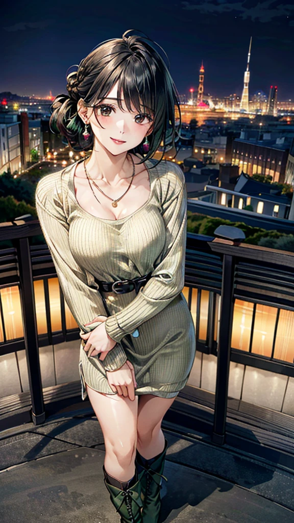 (masterpiece:1.3, Highest quality, Ultra-high resolution：1.2, Super detailed、8K), (Realistic, photoRealistic:1.4), Beautiful illustrations, Perfect lighting, colorful, Depth of written boundary, Beautiful detailed hair, Beautifully detailed face, Beautiful fine details, Droopy eyes、Beautiful clavicle, Beautiful body, 美しいLarge Breasts, Beautiful thighs, Beautiful feet, Beautiful fingers, View Viewer、Front view:0.6, Beauty1人, Japanese, Beauty、30 years old, Perfect Face, (Perfect ???????, Anatomically correct), Cute and symmetrical face, Baby Face, , Shiny skin, (with thin belt、Dark green long sleeve knit A-line dress:1.4) 、(short boots:1.3)、(Black Hair, Updo Hair:1.4), braided bangs、Dark brown eyes, Large Breasts, Slim body, necklace, Small earrings:1.1, (Beautiful views), (night), (city, cityscape in the distance), Riverside、 A soft smile、(Smile, Lips parted),