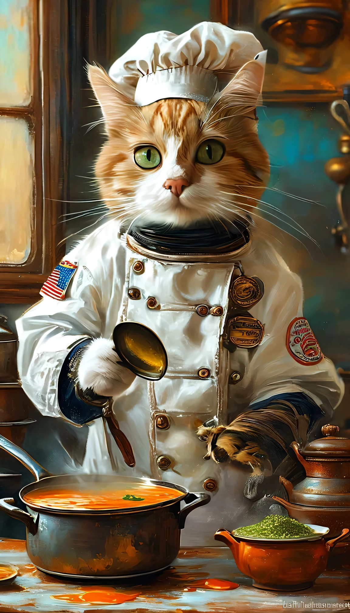 painting of a Cat dressed as a chef with a pot and pan, steampunk Cat, the Cat cooks soup, astronaut Cat, anthropomorphic Cat, inspired by Jean-Léon Gérôme, adorable Digital Painting, Ultra-realistic concept art, in a painting of a Cat, Cat. Digital Painting, Highly realistic concept art, Surreal Concept Art