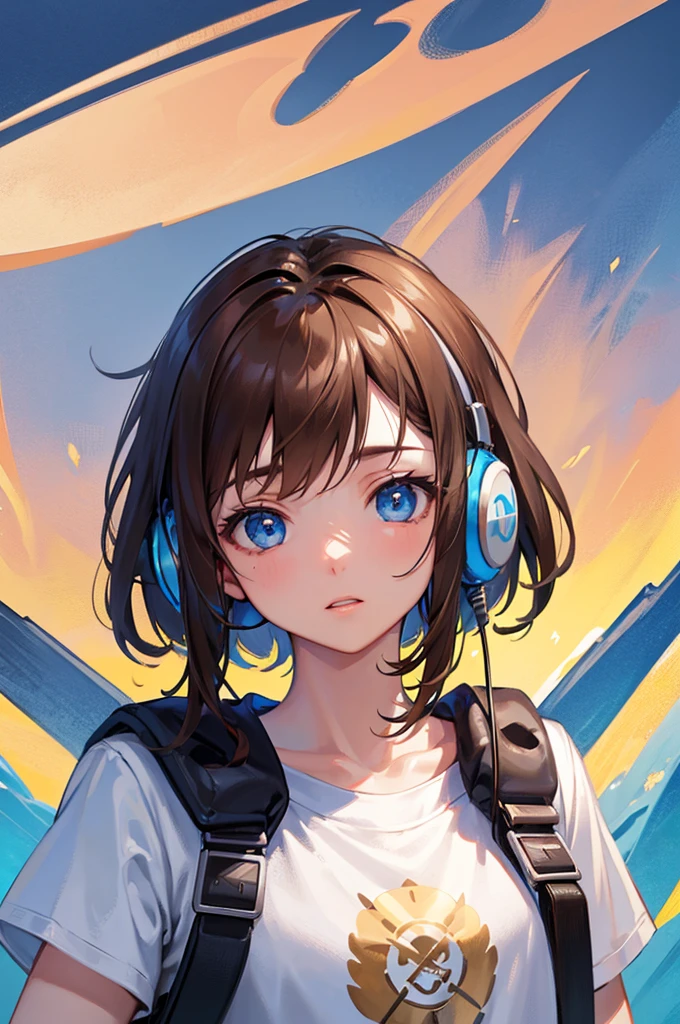 8K, Highest quality, masterpiece, Ultra-detailed、Wearing headphones、Wearing headphones、headphone、Light brown hair、Medium hair, headphone、full lips、Blue Eyes、Portrait、upper body、T-Shirts、Shorts、Random facial expressions