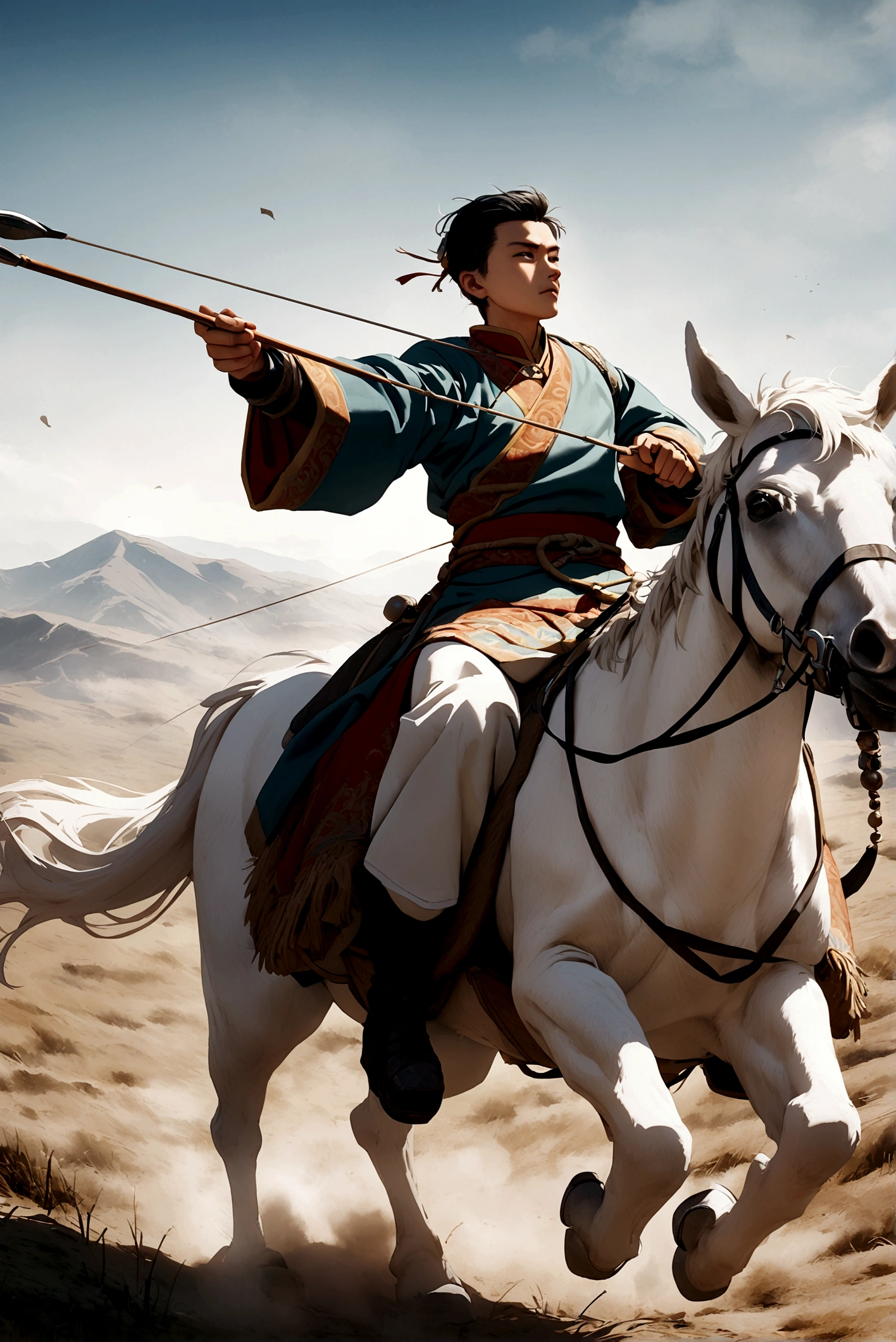 A mongolian bravery youth boy wearing Mongolian clothes riding on a white horse and dragging a bow aim to the air.
