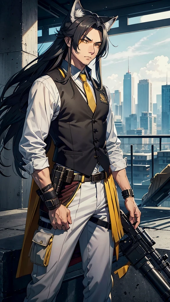 naughty man,
Meio Lobo,
wolf's ears,
wolf tail,
long hair,
male,
Cao Cao,
yellow eyes,
hair grey,
He is wearing a vest and sniper outfit,
He has a white sniper,