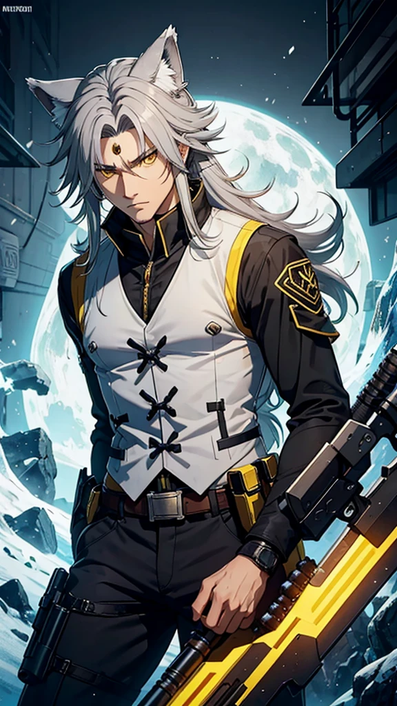 naughty man,
Meio Lobo,
wolf's ears,
wolf tail,
long hair,
male,
Cao Cao,
yellow  eyes,
hair grey,
He is wearing a vest and sniper outfit,
He has a white sniper,

