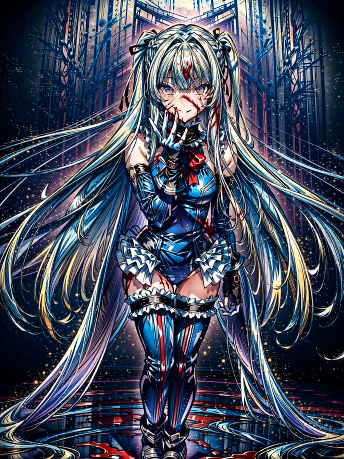 finest masterpiece, Super detailed, Highest quality, Sharp focus, 12k, ultra hi resolution picture, big ,4K,Perfect Anatomy, Highest quality, Marie Rose,Wicked Smile,Provocative attitude
,,Wicked Smile,Anime Style,(Frilled swimsuit, Knee socks, Removed sleeve), (Anime Style:1.4) ,
,(White fingers:1.1,Black gloves),
Hollow Eyes,,1 Girl、(Blood on my face:1.6)、(Preparing for battle:1.2)、,,(Very long hair:1.6),(whole body:1.4),In the ruins