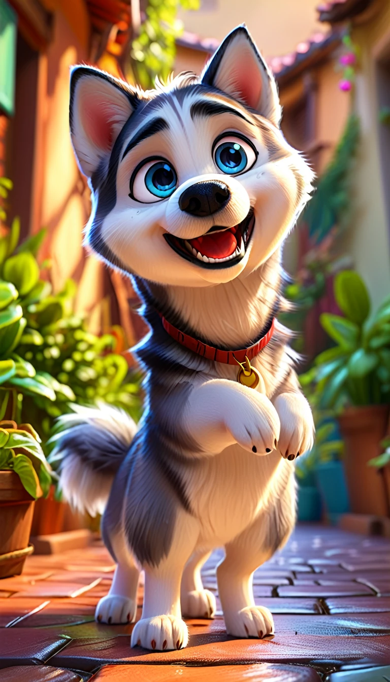 cartoon husky dog, adorable digital painting, dog, standing claws, cute dog, cartoon, looking at viewer, cute eyes, husky, hands, cartoon, clothes, blue eyes, dog standing, T-pose, arms, legs