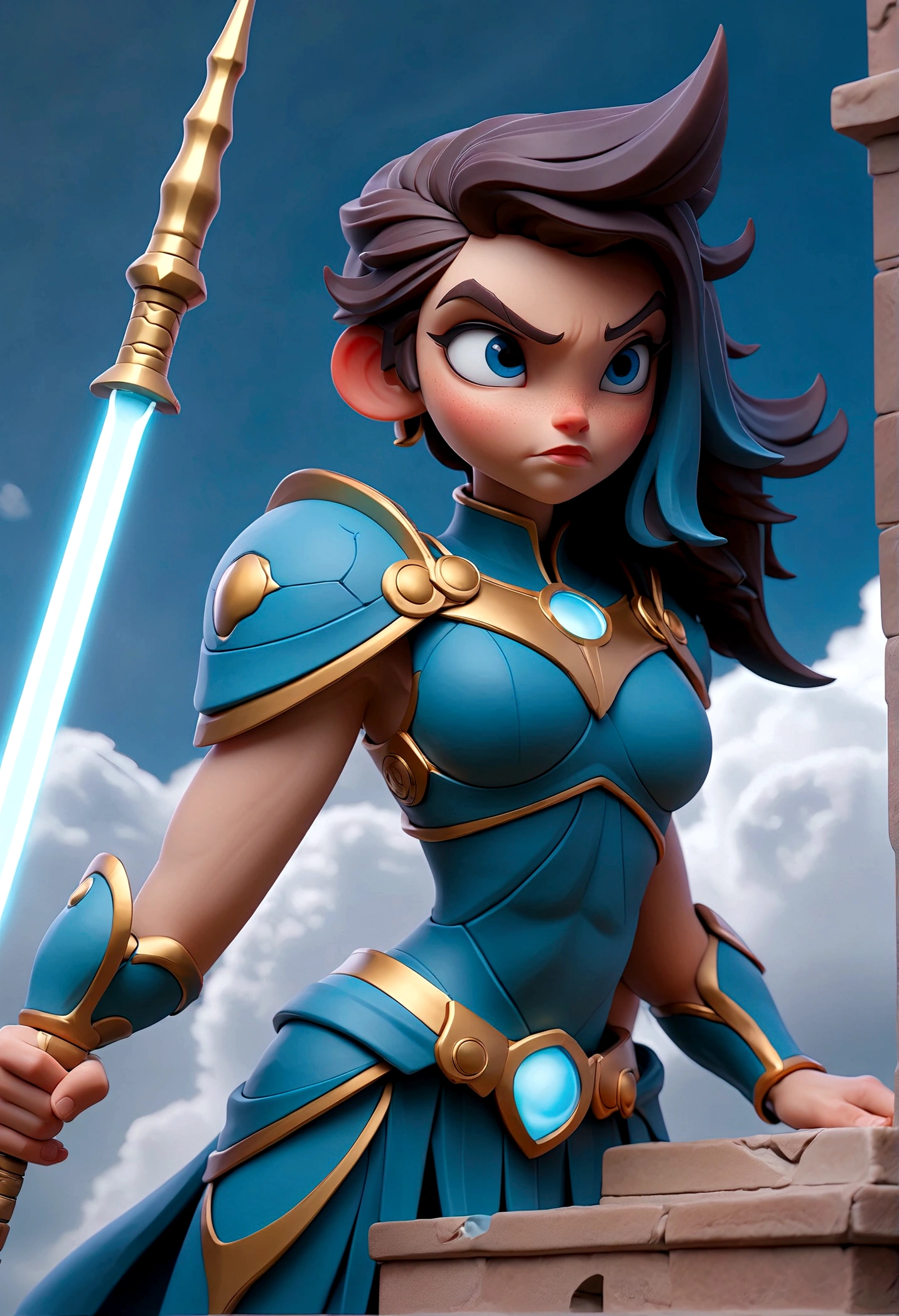 HD, Sky, cloud, Spear weapons, Luminescence, state of the art, architecture, Luminescence eyes, state of the art机械, Science fiction, City, real, Blue host armor, Chest core,Like Poseidon,