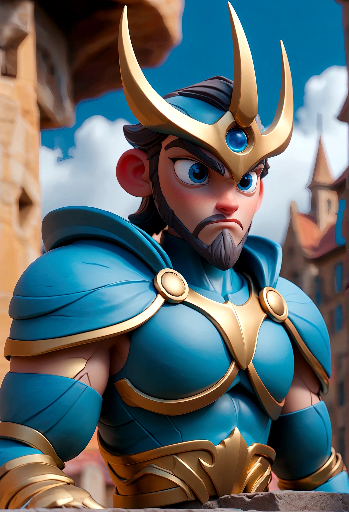 HD, Sky, cloud, Spear weapons, Luminescence, state of the art, architecture, Luminescence eyes, state of the art机械, Science fiction, City, real, Blue host armor, Chest core,Like Poseidon,
