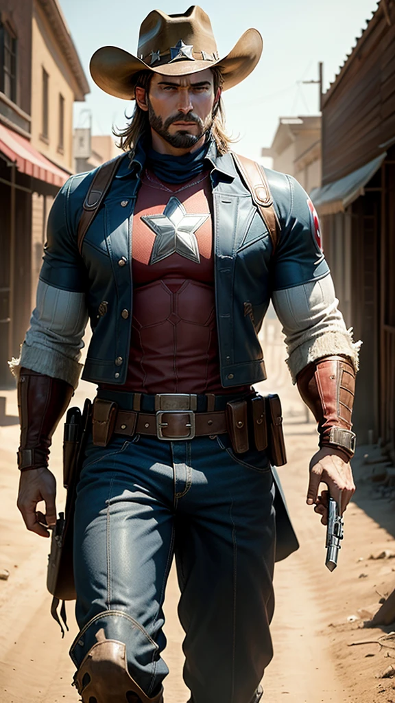 Captain America in Wild West style, wearing Cowboy lather clothes, Cowboy hat and bring a pistol, in cowboy city, cinematic, extremely realistic, extreme detailed, extremely sharp, super high resolution images, best quality photo,