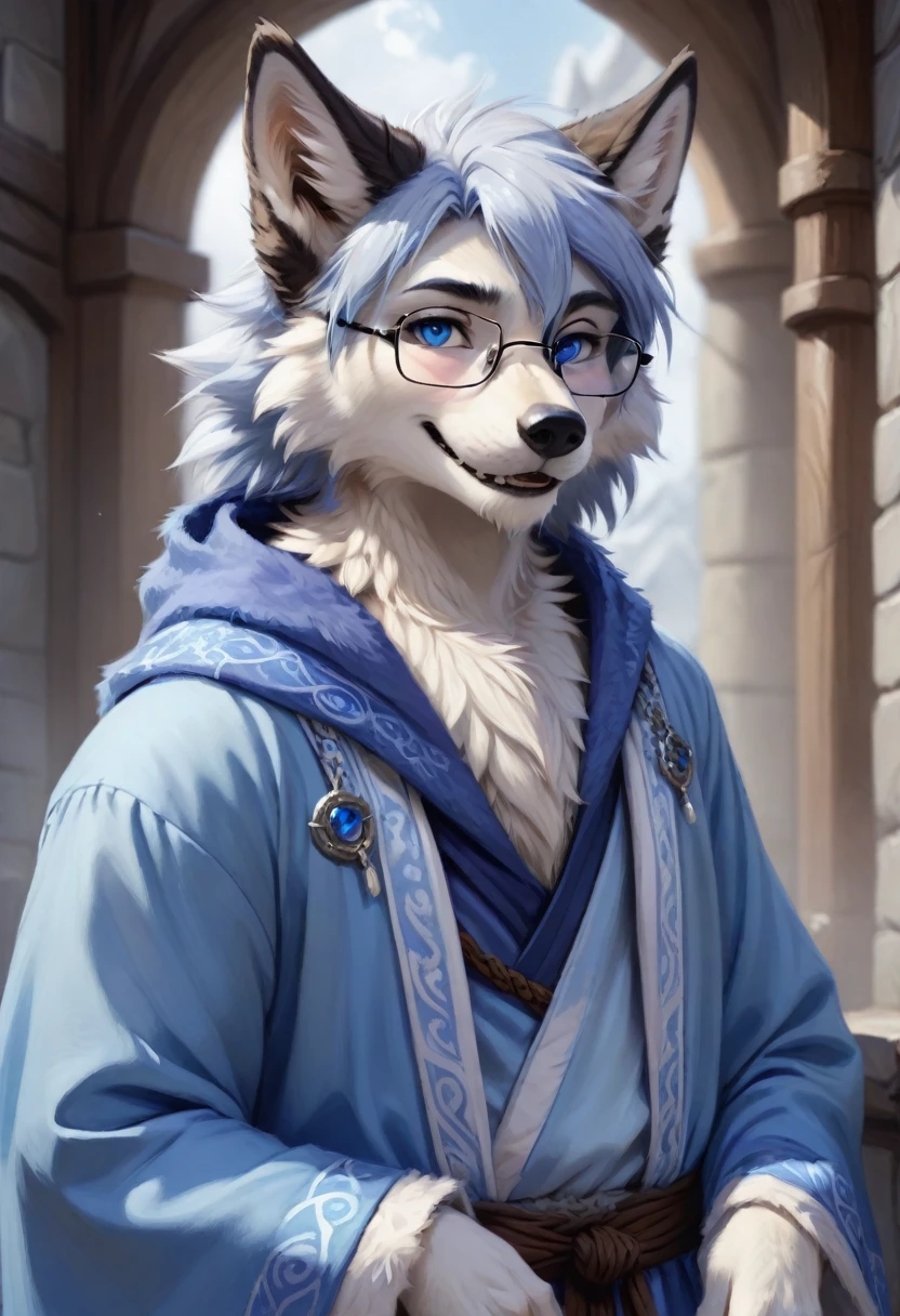 Wolf,male,Mage Clothing,robe,Blue and white fur,Glasses,Orcs,Orcs脸,delicate and pretty,Wolf脸,cute,Young,Introvert,精灵Wolf,Facial details,happy,Smile,Light blue cheeks