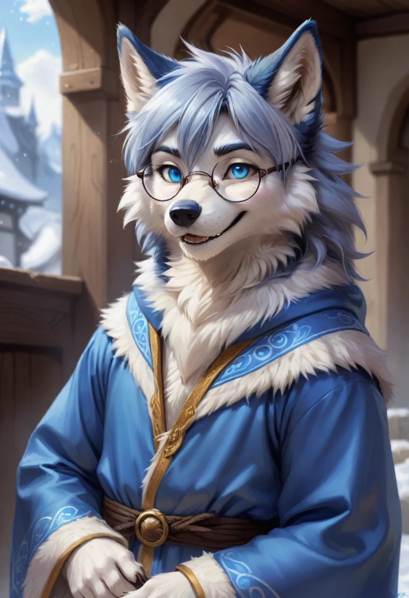 Wolf，male，Mage Clothing，robe，Blue and white fur，Glasses，Orcs，Orcs脸，delicate and pretty，Wolf脸，cute，Young，Introvert，精灵Wolf，Facial details，happy，Smile，Light blue cheeks