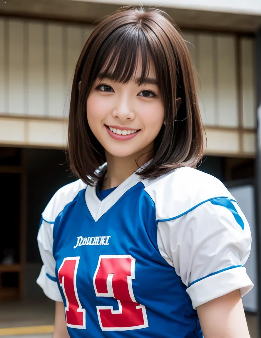Highest quality, masterpiece, Photo Real, Super detailed, Ultra-high resolution, born,One girl,cute,Japan,smile,Flat Bangs,Blue football uniform,Medium Hair,Brown Hair, Girl's Room,Inside the room,Young face,Ultra-photorealism, Perfect artwork, Intricate details, Highest quality, Bright room, Tabletop , Realistic,22 years old,--ar 9:16