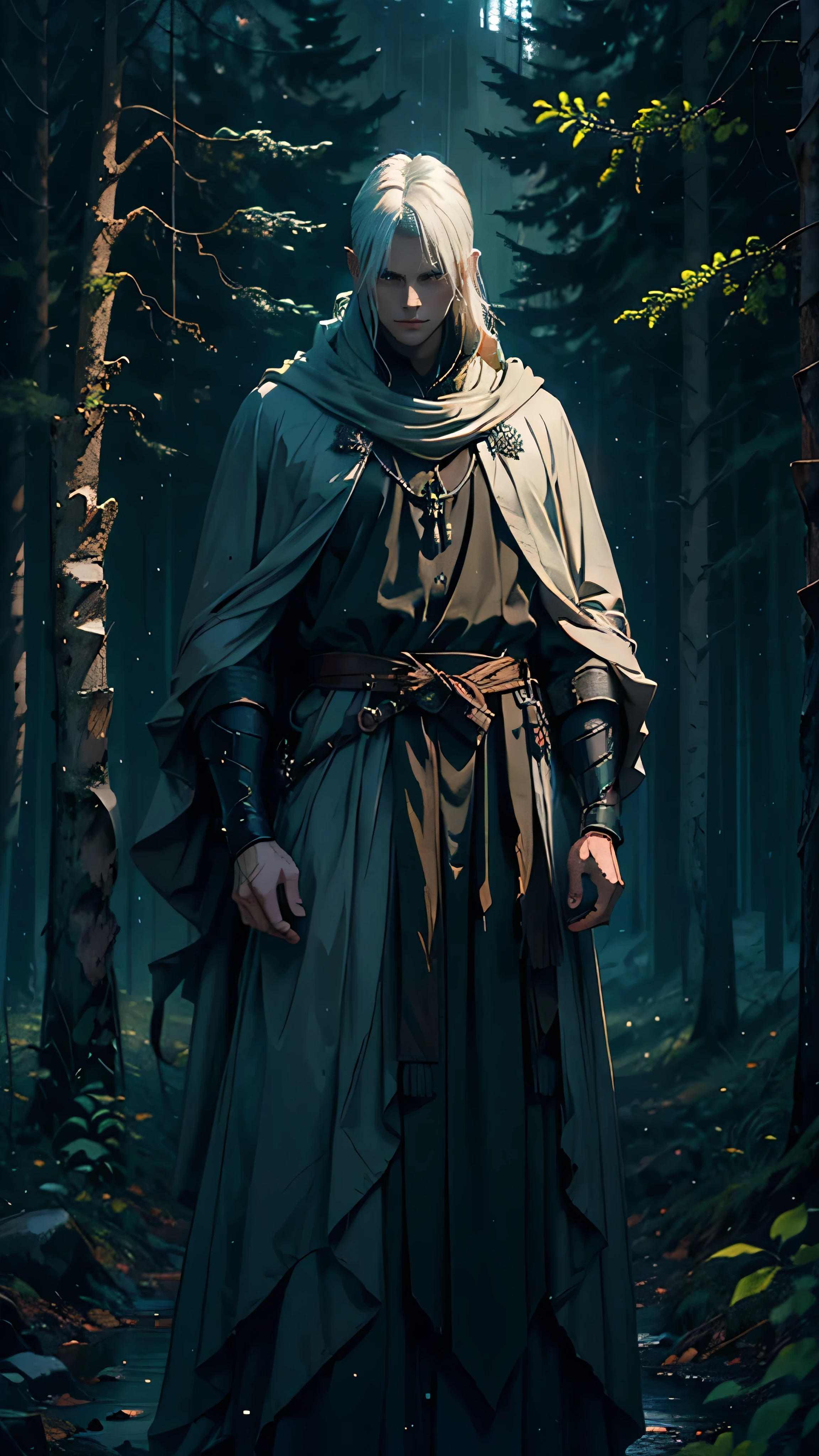 (Best Quality,ultra detailed), artificial raindrops falling, a man standing in the rain, white hair, blue eyes, detailed face(fail),dense forest landscape,majestic and serene nature, shining brightly in the night sky,black medieval outfit with fluorescent red stripes that glow in the moonlight, gentle style