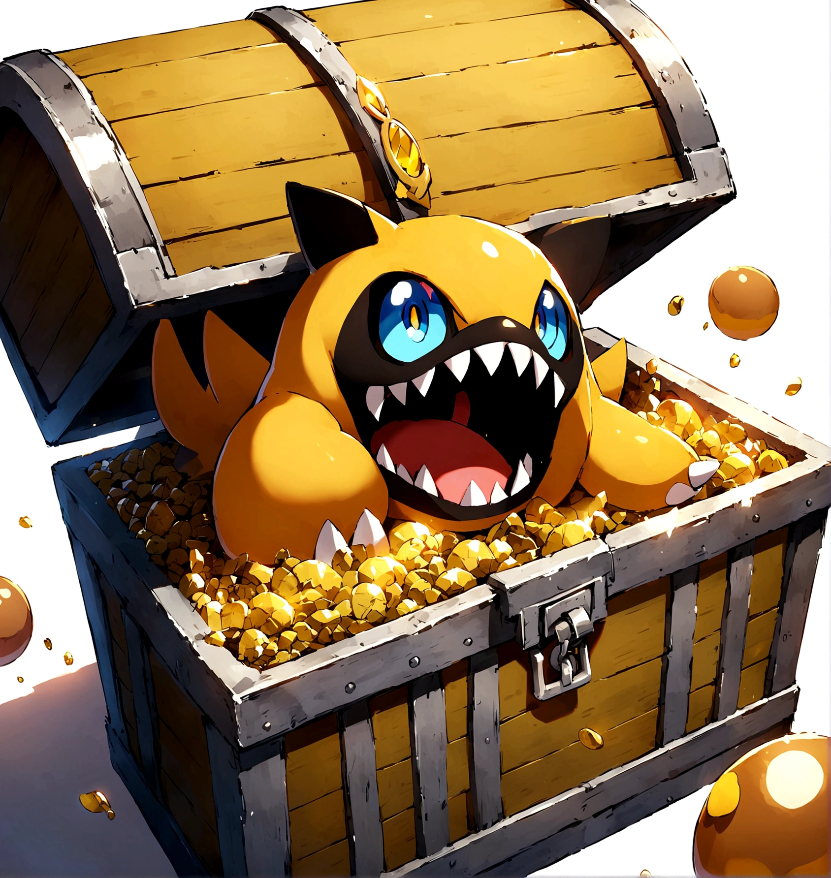 solo, open mouth, blue eyes, simple background, white background, pokemon \(creature\), treasure chest