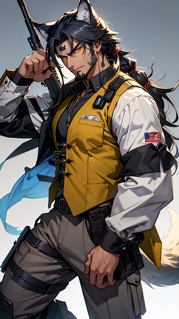 naughty man,
Meio Lobo,
wolf's ears,
wolf tail,
long hair,
male,
Cao Cao,
yellow  eyes,
hair grey,
He is wearing a vest and sniper outfit,
He has a white sniper,

