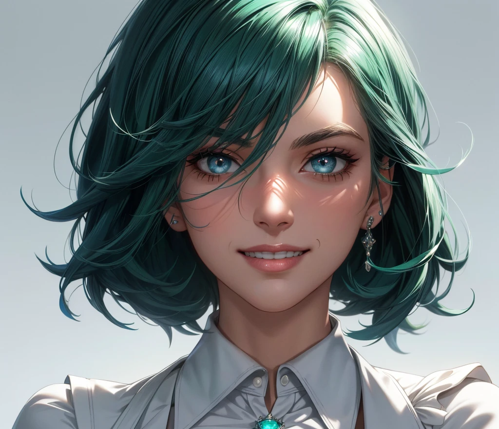 serious,zoom out,Photo from chest up,upper body up,in business,business woman,intellectual,smile,short hair,Emerald hair,short hair,green hair,white jacket,laughter,50 years,drooling eyes, alone,know,Flow of hair that extends to the face,bangs between eyeliner hair,High resolution, Bright and clear, Big light blue eyes shine charmingly,green one piece,eyeliner,Shining white skin,(Ultra Real), (figure), (High resolution), (In 8K), (very detailed), (Best figure), (Beautiful quality with attention to detail), (super detailed), (wallpaper), (detailed face),(Ultra Real), (figure), (High resolution), (In 8K), (very detailed), (Best figure), (Beautiful quality with attention to detail), (super detailed), (wallpaper), (detailed face)