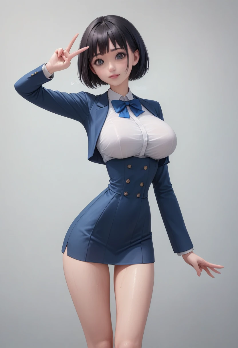 (masterpiece, best quality:1.2), Realistic, front shot, 1girl, kawaii, (super big breasts, micro waist, very long legs:1.3), Black hair, short bob hair, short height, scrawny and thin body, Light Skin, cute big eyes, cute thin face, miniskirt, blazer, pigeon-toed, wet and sweaty, big visible ribs, V sign, Trembling