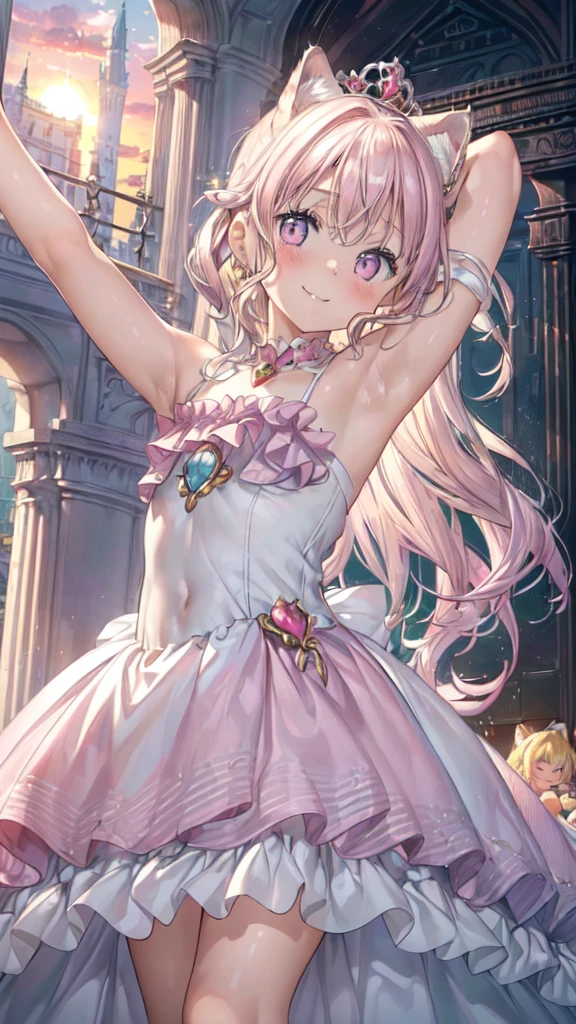 (Ultra-high resolution of the highest quality, masutepiece, Best Quality, 8K, Super Detail, Best Quality:1.3), (Anatomically correct:1.2), (1 :1.8), (Loli:1.8), ld:1.8), (petite body, build, stature:1.6), (flat chest:1.2), (drooping eyes), (blush cheek:1.3), (long hair:1.2), (blonde hair:1.2), tiara, (cat ear:1.4), (luxury frilled pink princess gown:1.7), (jewel, gem:1.2), (europe castles balcony), (beautiful sunset glow:1.2), front view, Extremely cute, (extremely detailed beautiful face), Authentic skin texture, beautiful hair, beautiful face, beautiful eyes, beautiful body, beautiful hands, (happy smile:1.5), (face focus, armpit focus:1.6), (standing)
