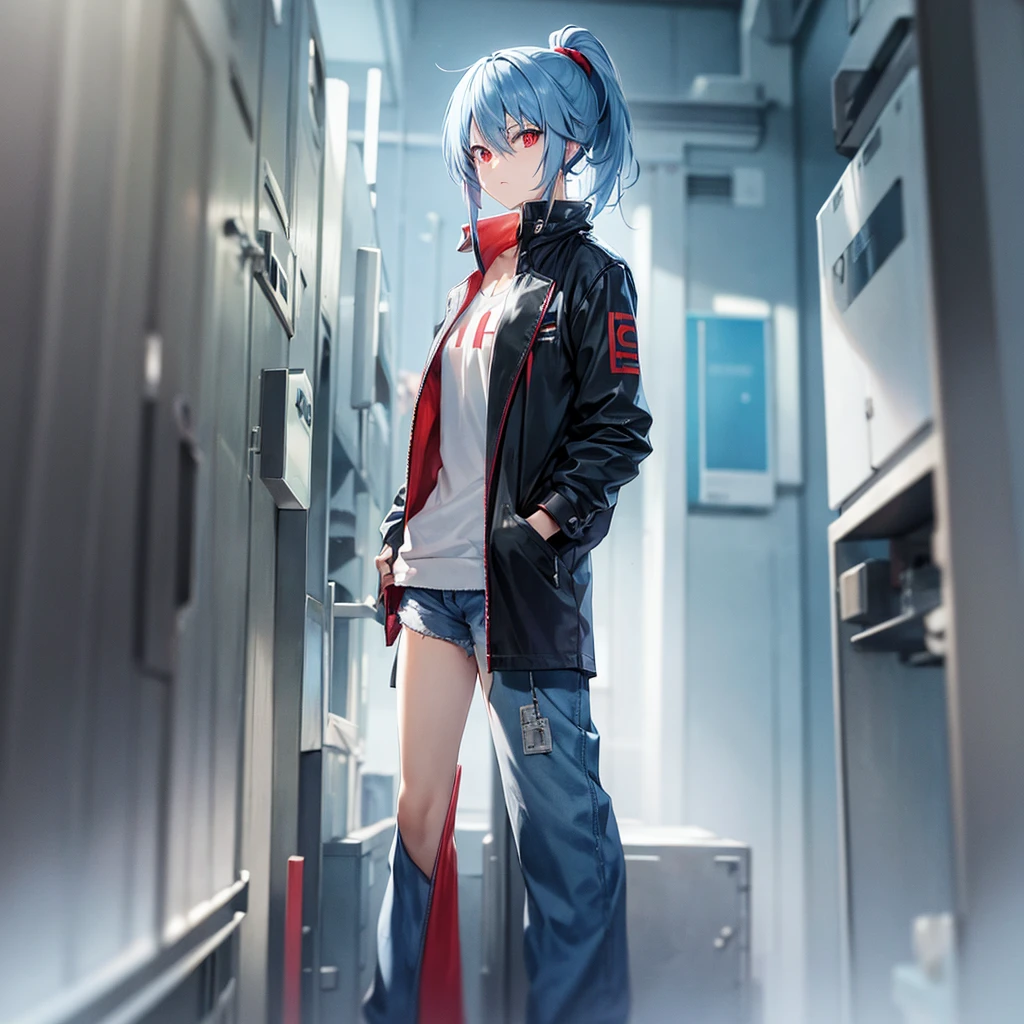 Light blue hair, standing portrait, red eyes, cyber clothes, cool, slanted eyes, ponytail
