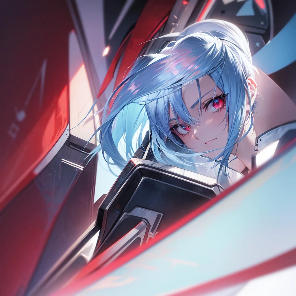 Light blue hair, standing portrait, red eyes, cyber clothes, cool, slanted eyes, ponytail