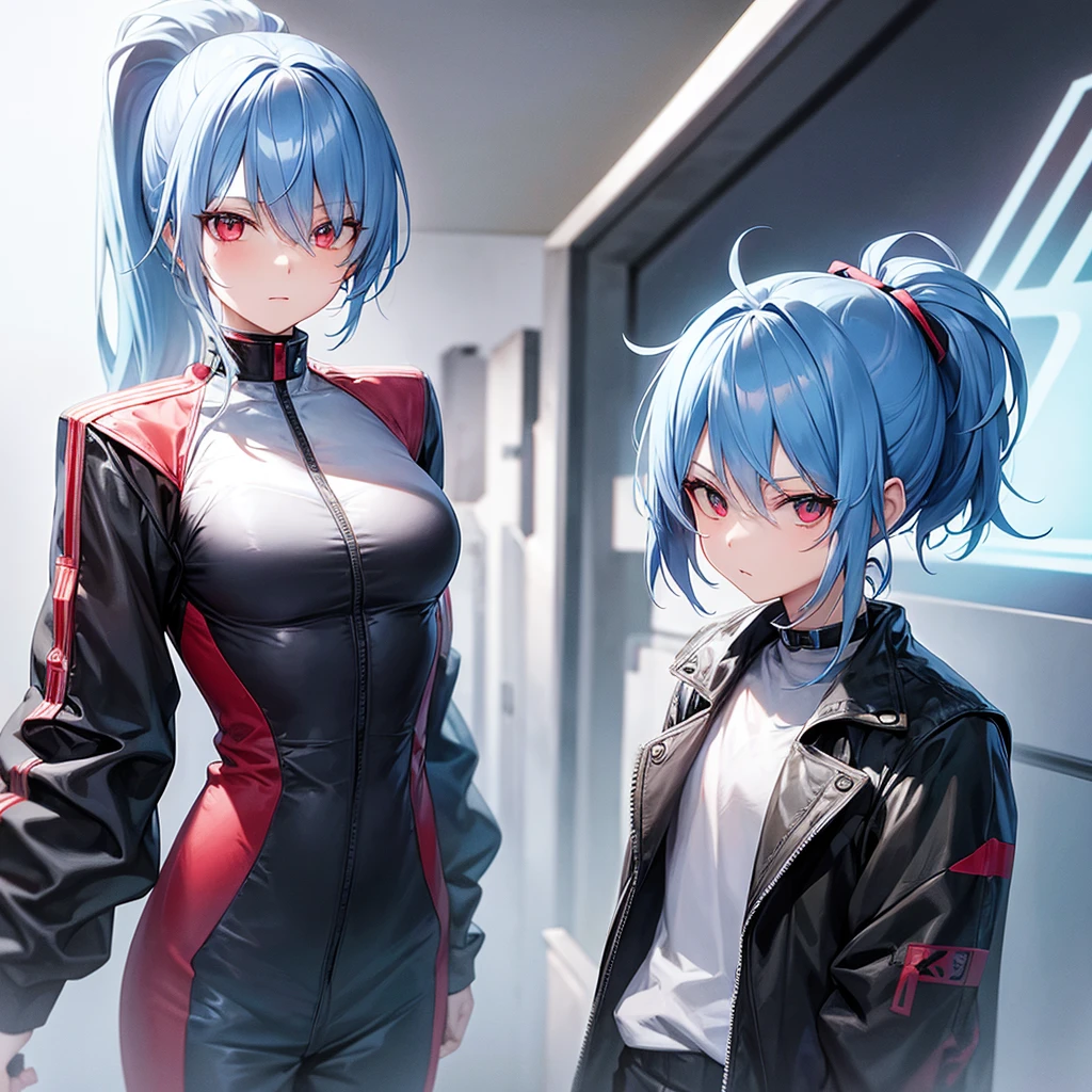 Light blue hair, standing portrait, red eyes, cyber clothes, cool, slanted eyes, ponytail