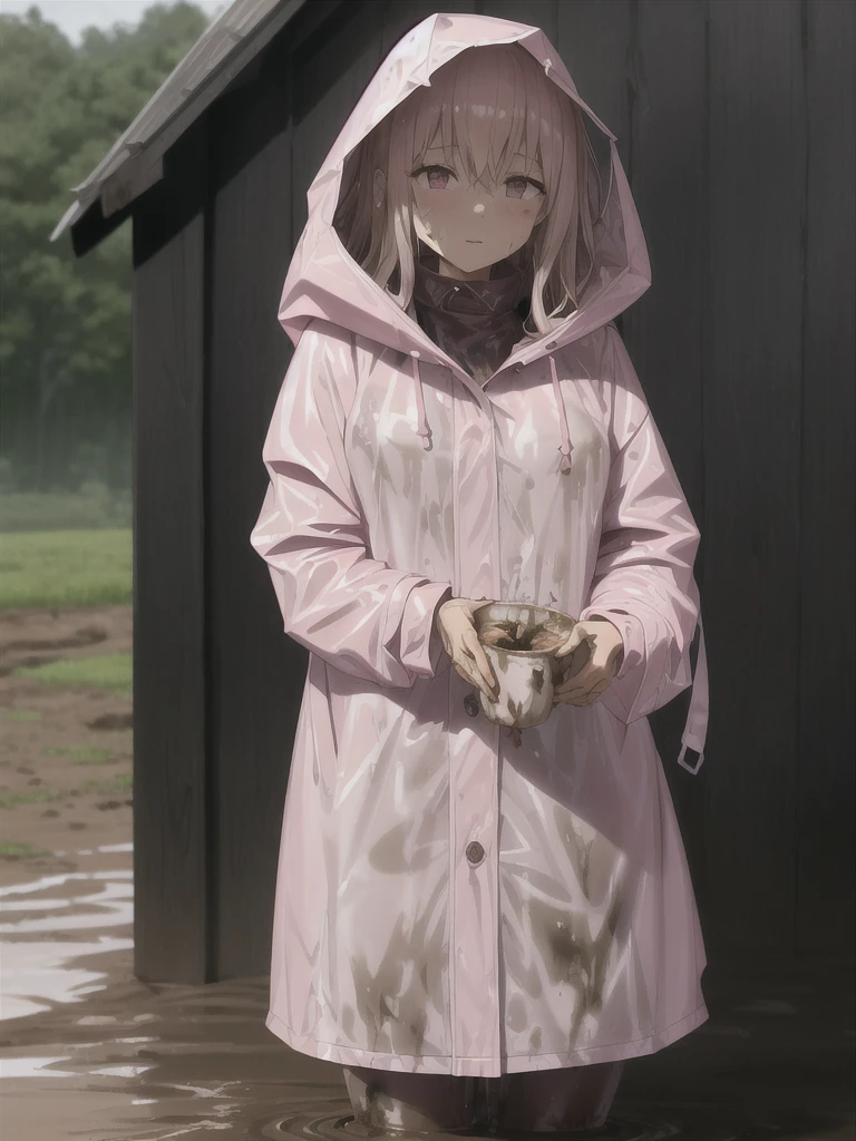 Light pink buttoned raincoat, wearing hood, muddy clothes, muddy raincoat, covered in mud, very dirty clothes, muddy