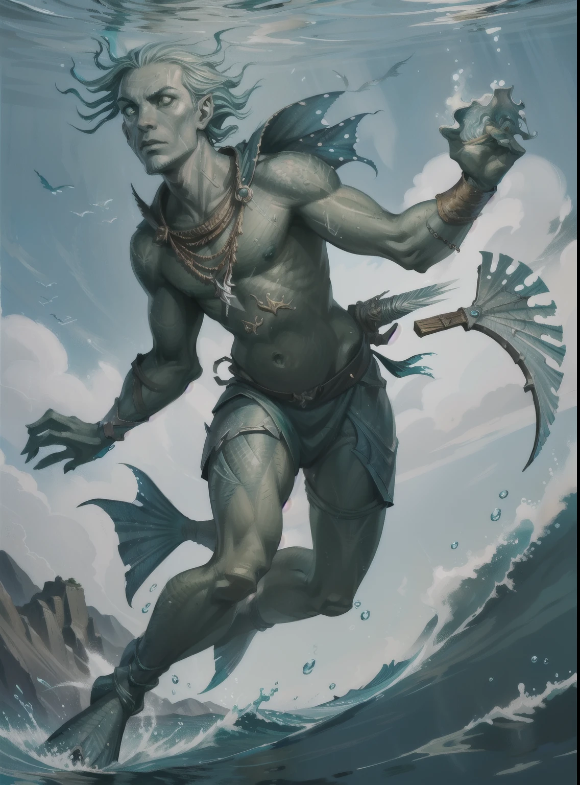 full body, swimming, fish man, merman, trident in hand, cloth clothes, green skin, fish bowl, throwing the spear, fundo branco, mais detalhes de peixe no corpo do personagem, e no fundo do mar