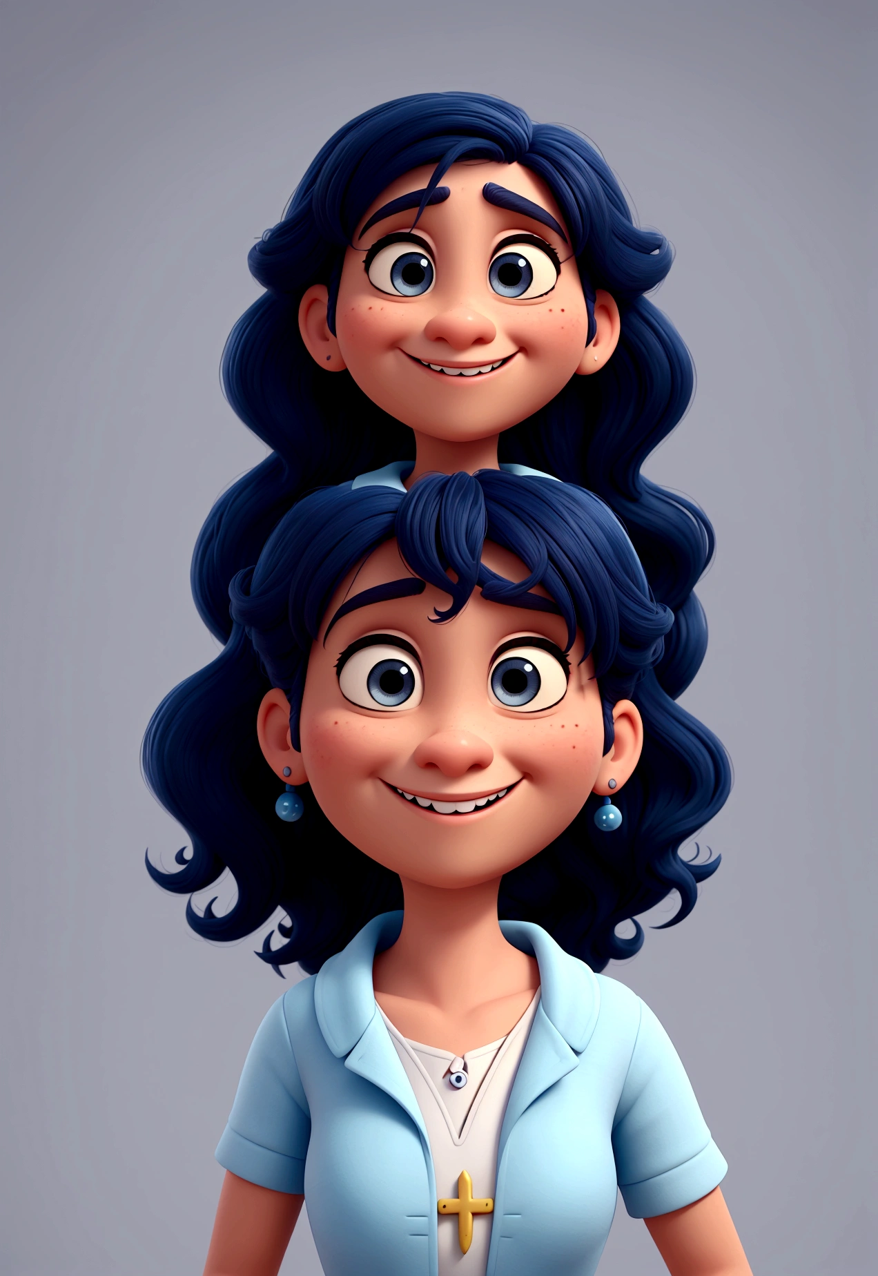 Convert Rita Rocha's photo into a Pixar-style animated character/Disney. Maintain your main facial features, like eyes, smile and hair, with a magical and expressive touch typical of these animations.
